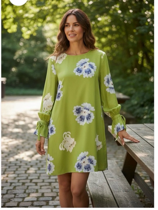 LOFT Dresses & Skirts - Loft Bright Pistachio Green Floral Print Shift Dress  Tie Cuffs Romantic SZ Med8